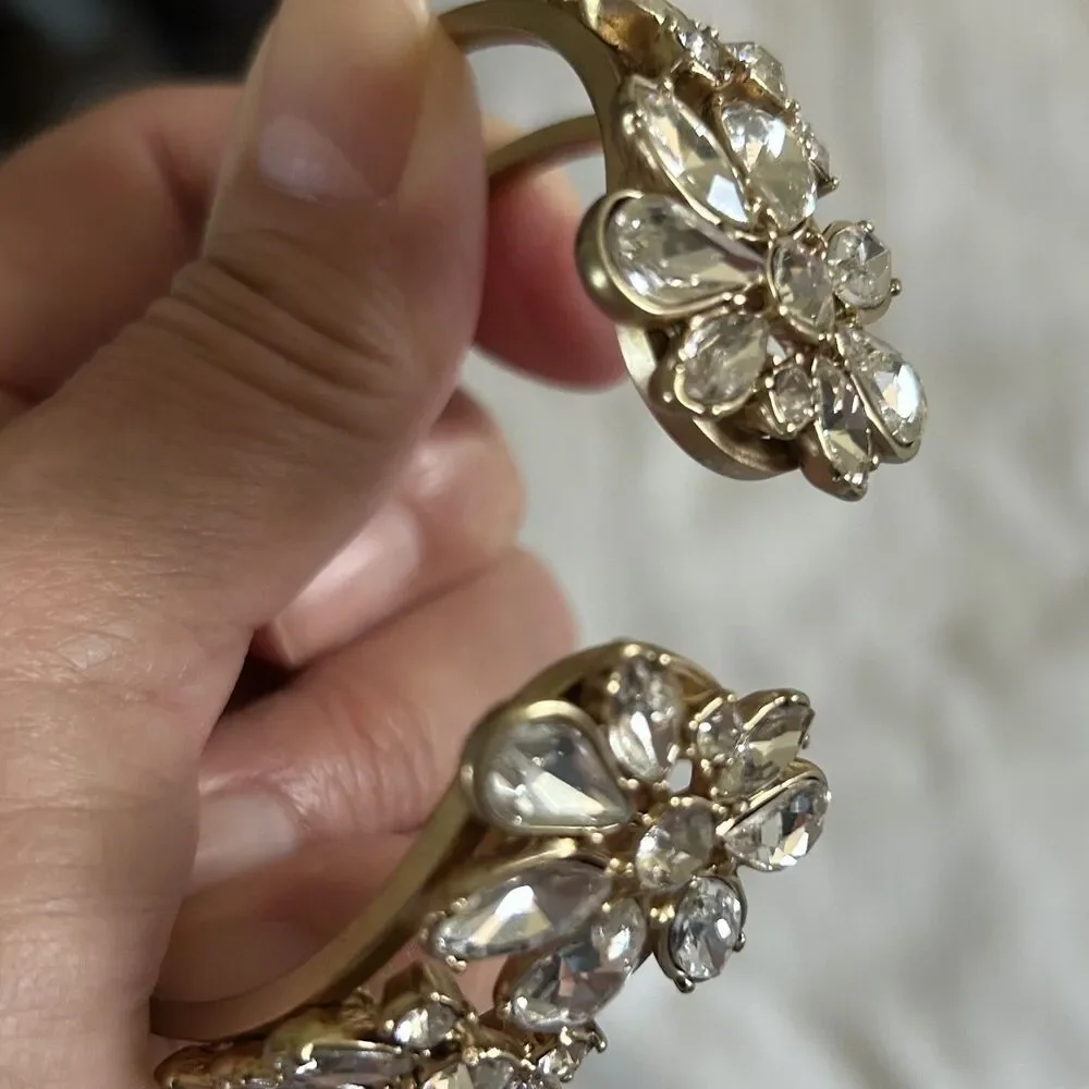 Gold Tone Floral Crystal Hinged Bracelet Rhinestone Flower Cluster Cuff - Picture 4 of 9